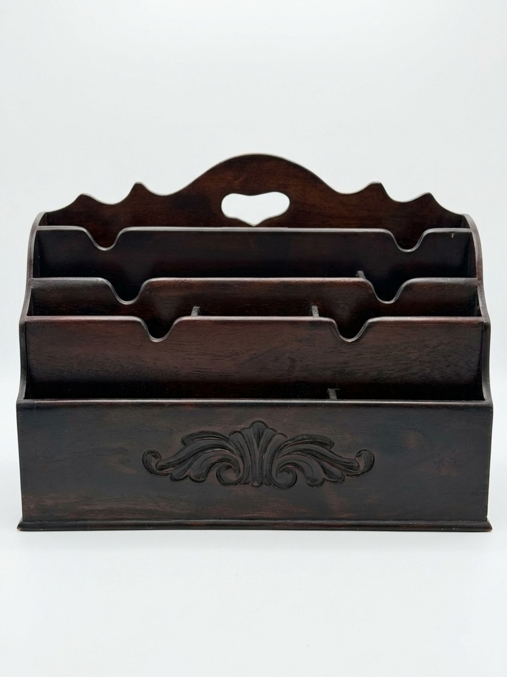 Vintage Style Dark Wood 3-Tier Desktop Letter Organizer with Carved Details - Picture 4 of 6